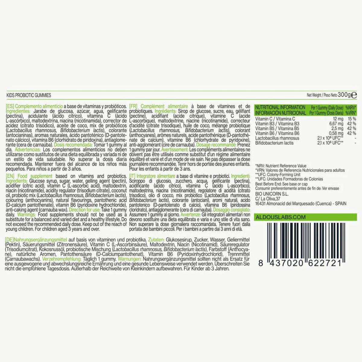 Probióticos con vitaminas para niños en gominolas Aldous Bio 120 gominolas