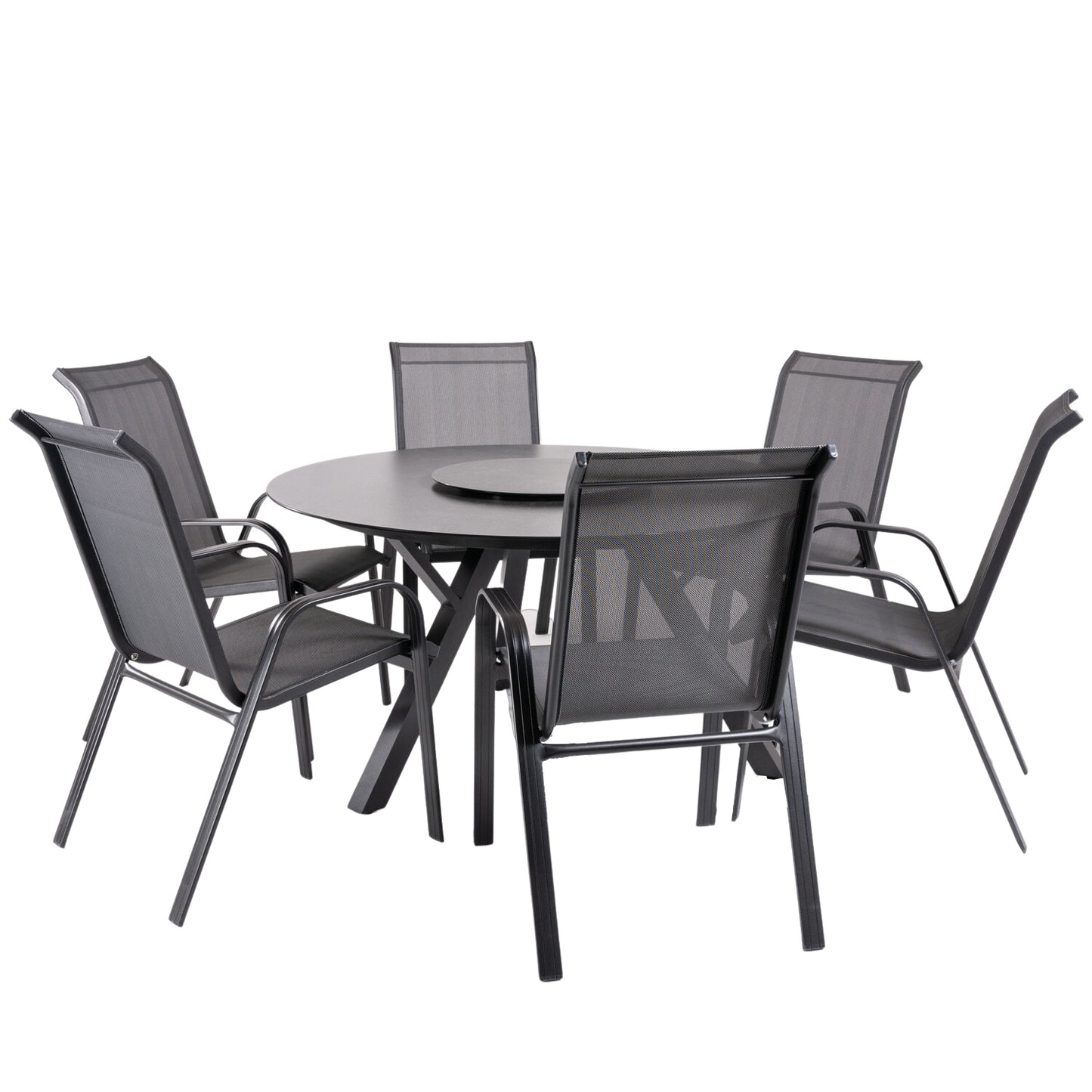 Conjunto De Mesas Y Sillas De Jardín, Redonda 135 Cm De Cristal Templado, Color Antracita + 6 Sillones De Aluminio_0