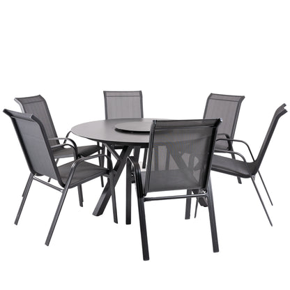 Conjunto De Mesas Y Sillas De Jardín, Redonda 135 Cm De Cristal Templado, Color Antracita + 6 Sillones De Aluminio_0