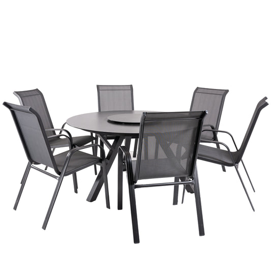Conjunto De Mesas Y Sillas De Jardín, Redonda 135 Cm De Cristal Templado, Color Antracita + 6 Sillones De Aluminio_0