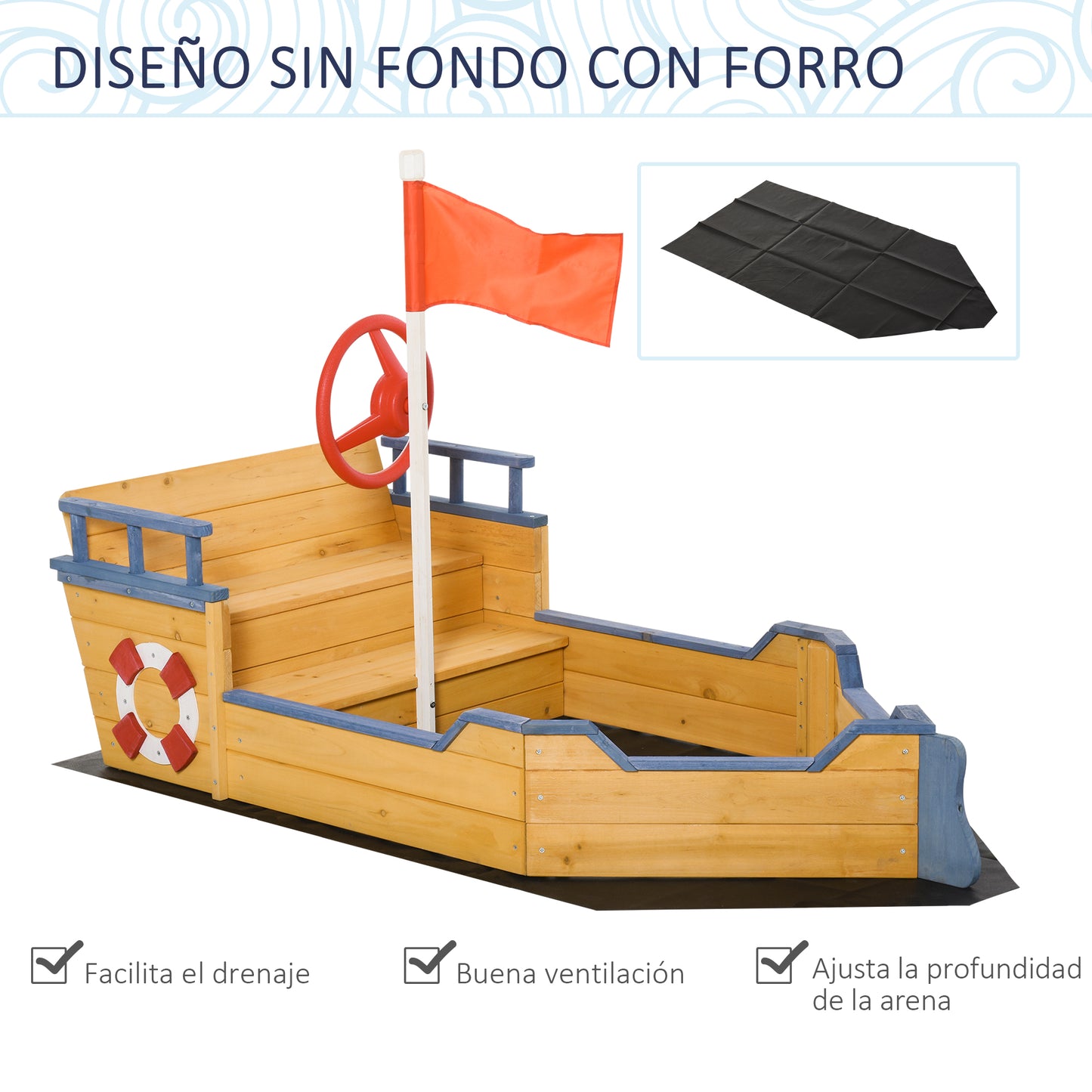Outsunny Arenero Infantil Madera Diseño Galeón Con Banco Con Almacenaje +3 Años_3