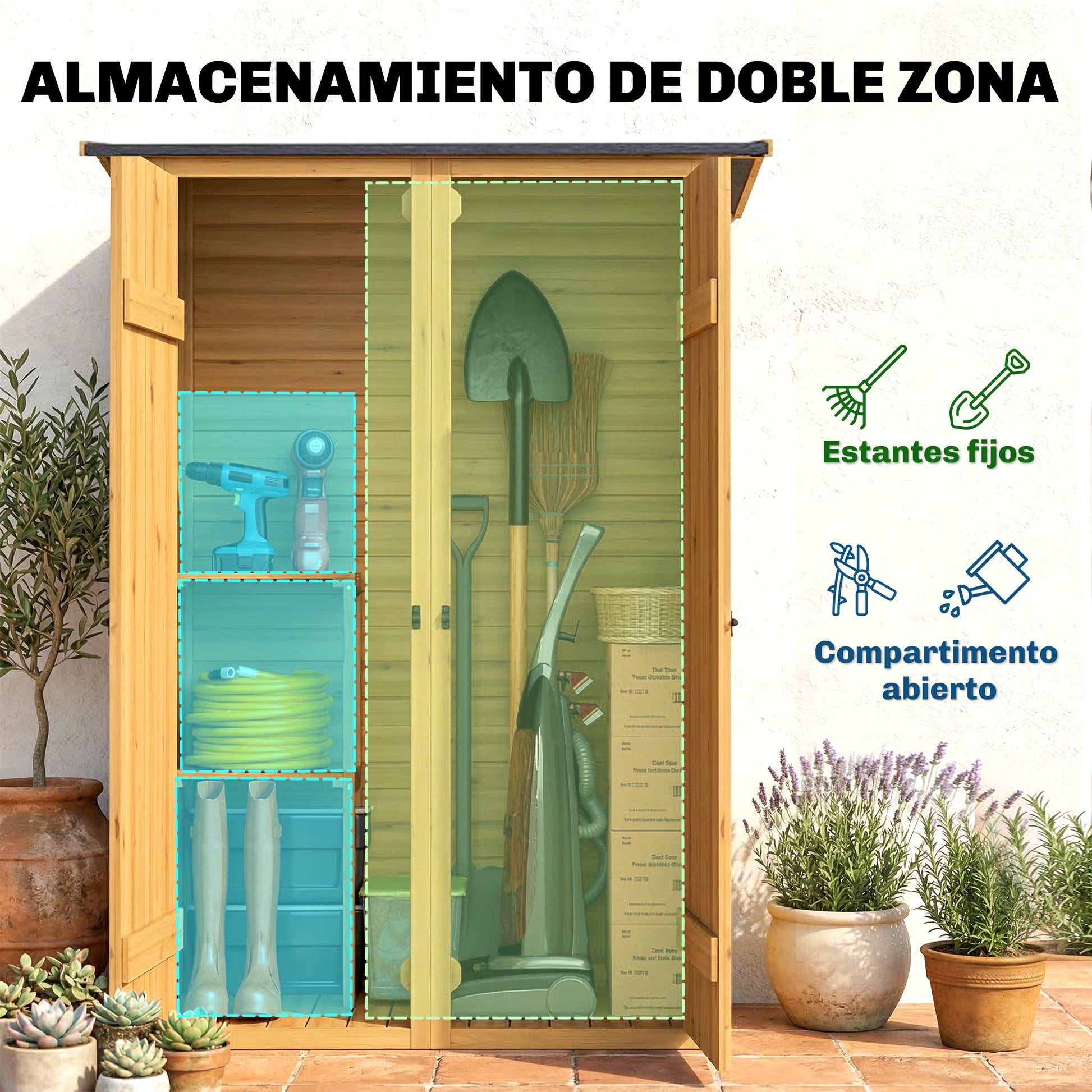 Outsunny Caseta De Jardín De Madera 115x53x156 Cm Con 2 Estantes Y 2 Puertas_3