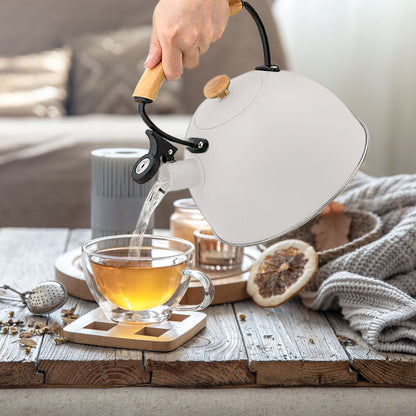 Tetera Con Silbato, Hervidor De Agua 2,5l, Inducción, Acero Inox, Vintage, Mango Madera, Briebe, Nordic, Blanco