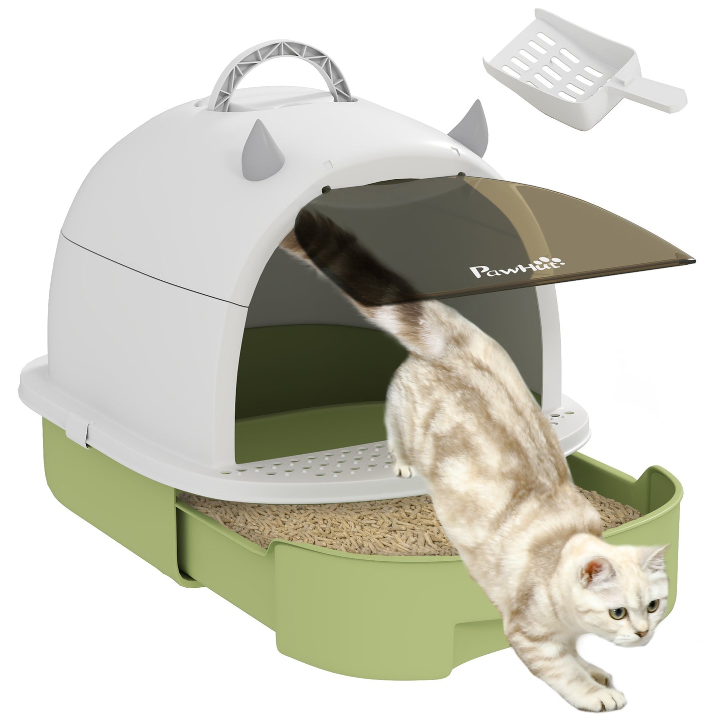 Pawhut Arenero Para Gatos Cubierto Con Bandeja Pala Y Asa Blanco Y Verde_0