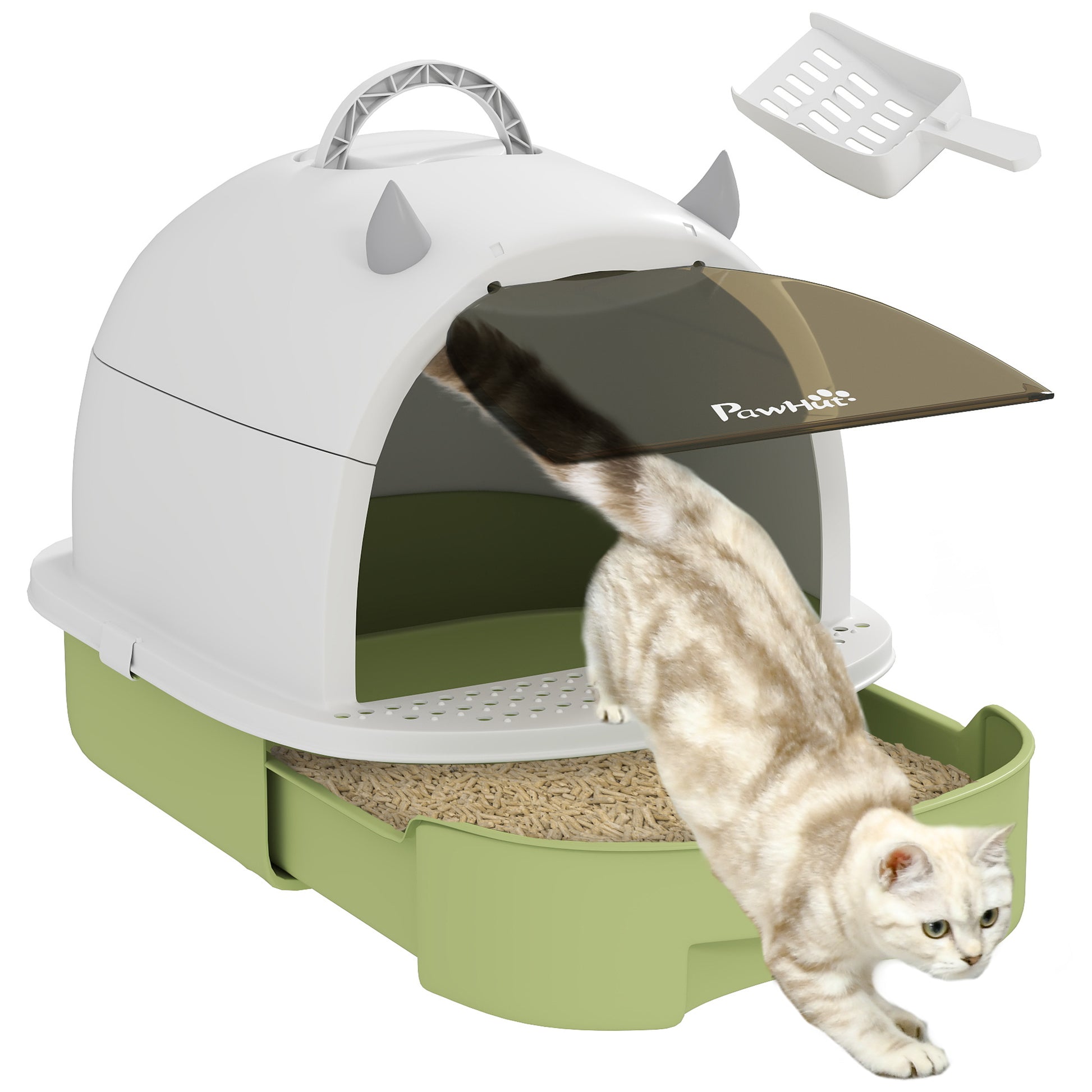 Pawhut Arenero Para Gatos Cubierto Con Bandeja Pala Y Asa Blanco Y Verde_0