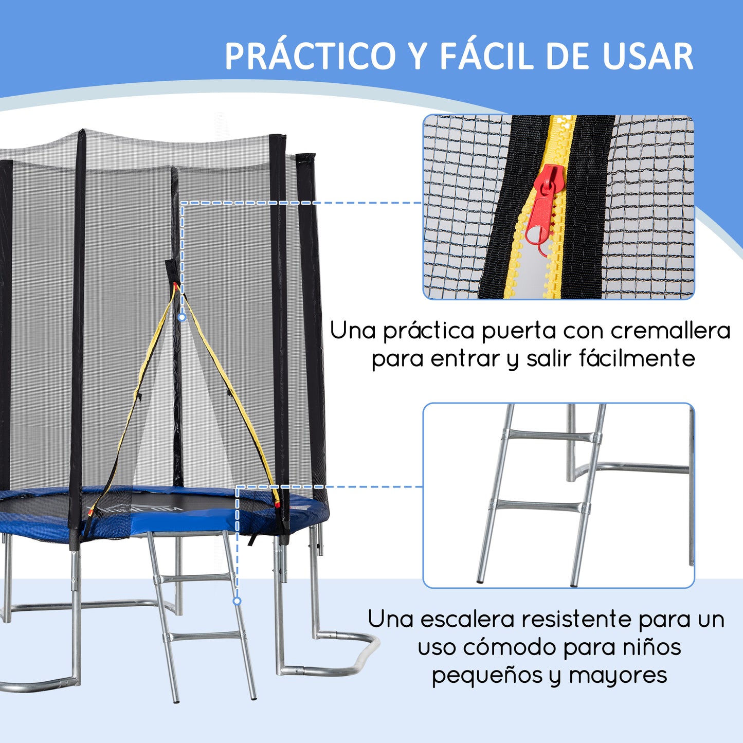 Homcom Cama Elástica Jardín Ø223 Cm Con Red De Seguridad Interior Exterior Azul_5