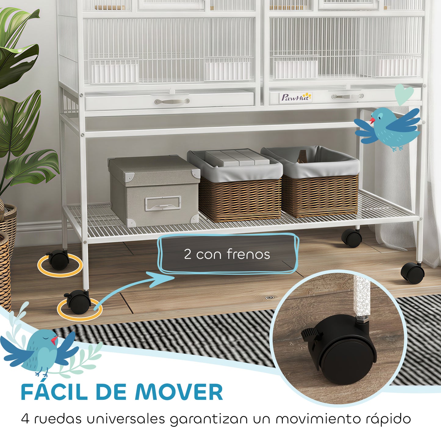 Pawhut Jaula Para Pájaros Con Ruedas Comederos Estante 95x45,5x102 Cm Blanco_5