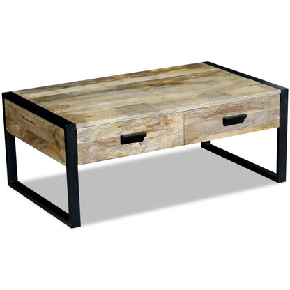 Mesa De Centro Con 2 Cajones Madera Maciza Mango 100x60x40 Cm_0
