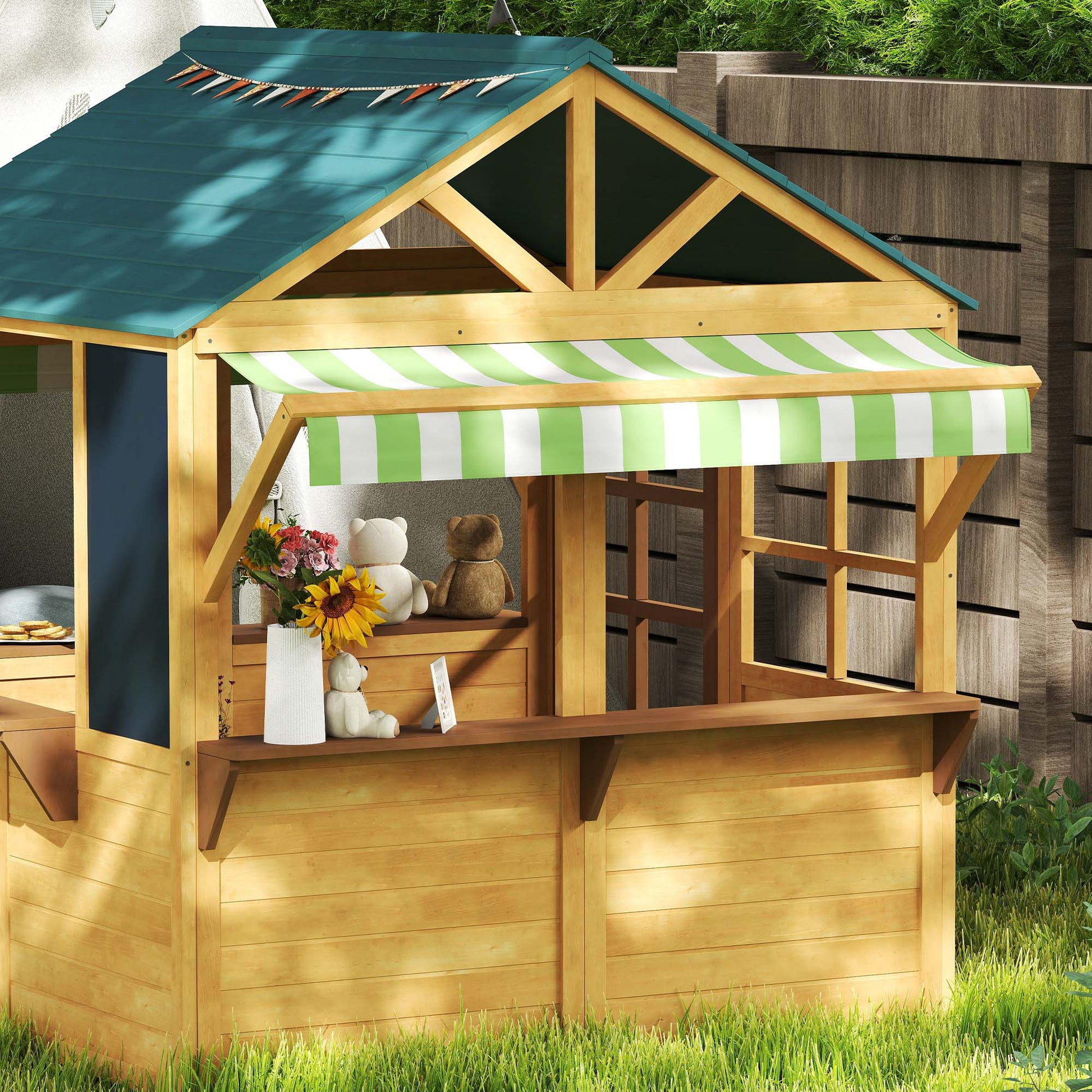 Aiyaplay Casita Infantil Exterior De Madera Con 2 Pizarras Ventanas Natural_3
