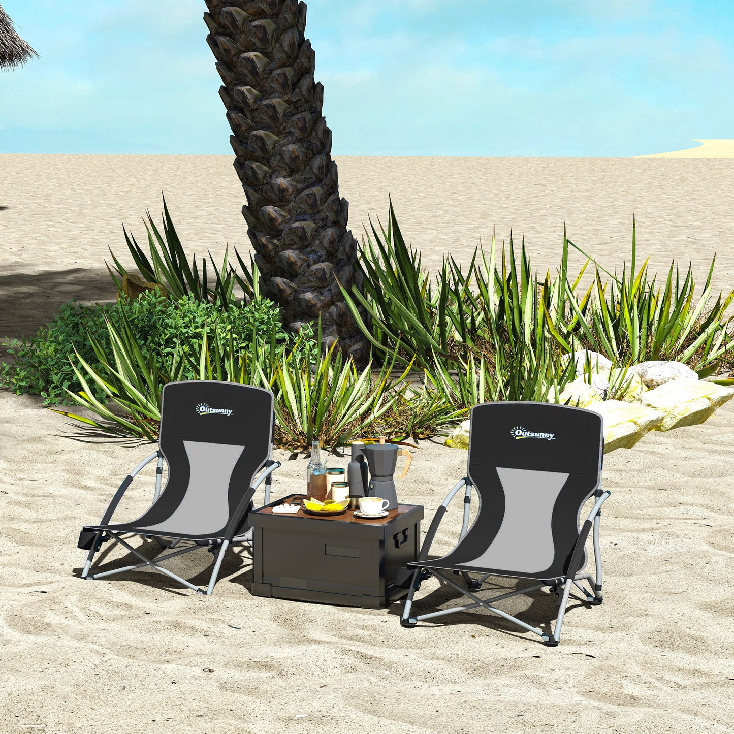 Outsunny Pack De 2 Sillas De Playa Plegables Ligeras Con Respaldo De Malla Negro_1