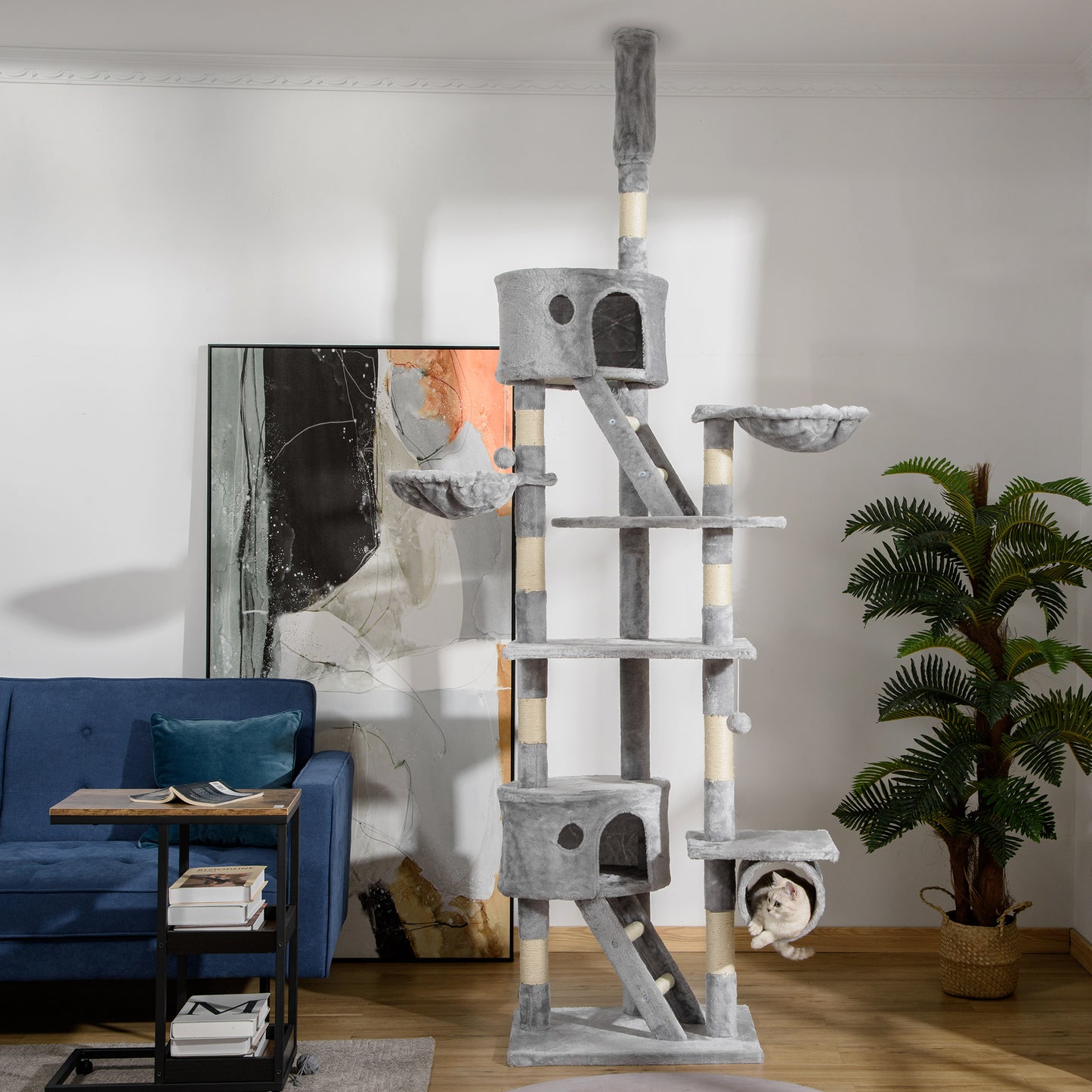Pawhut Árbol Para Gatos De Suelo A Techo De 240-260 Cm Con Plataformas Gris_1
