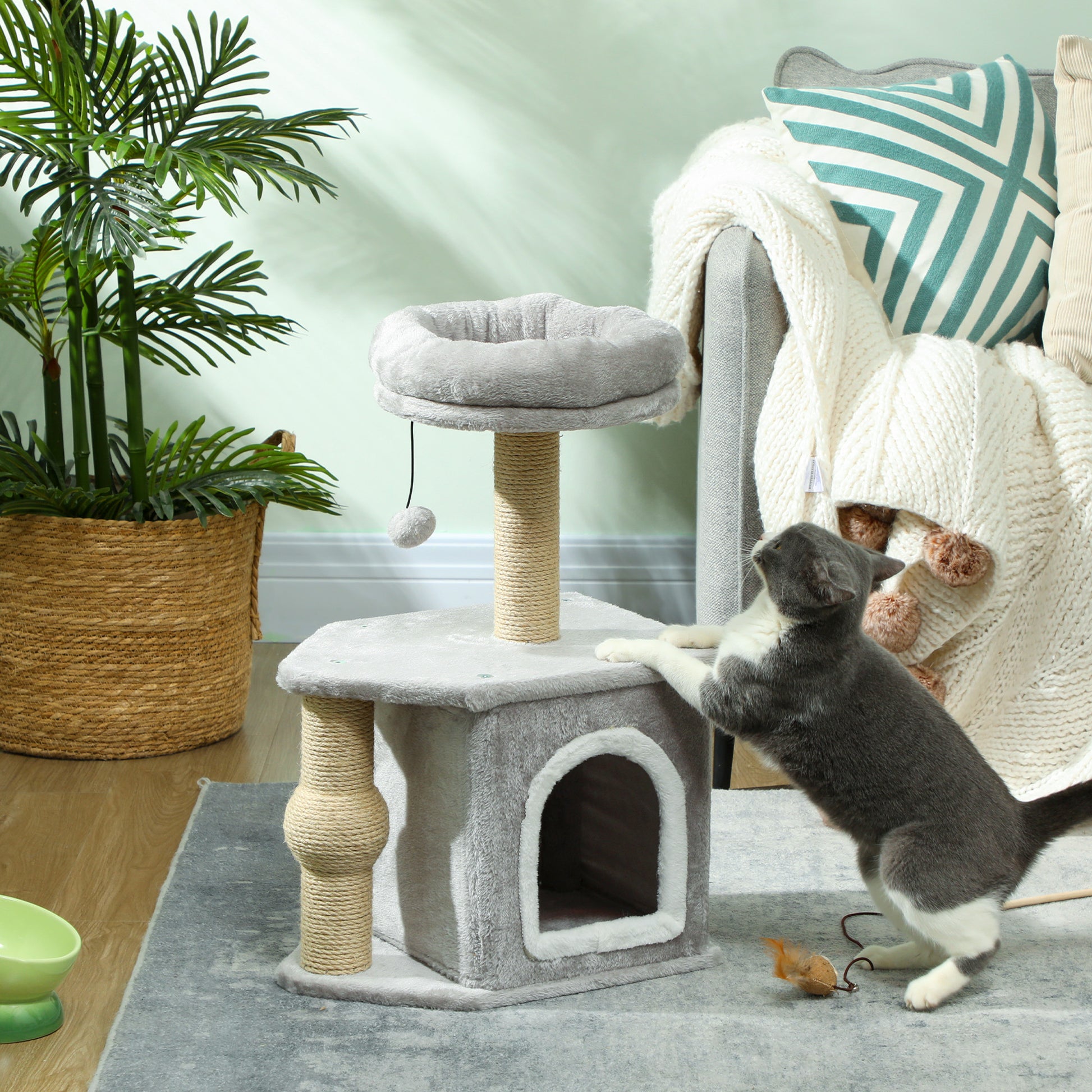 Pawhut Árbol Rascador Para Gatos Altura 66 Cm Con Cama Poste De Yute Gris Claro_1