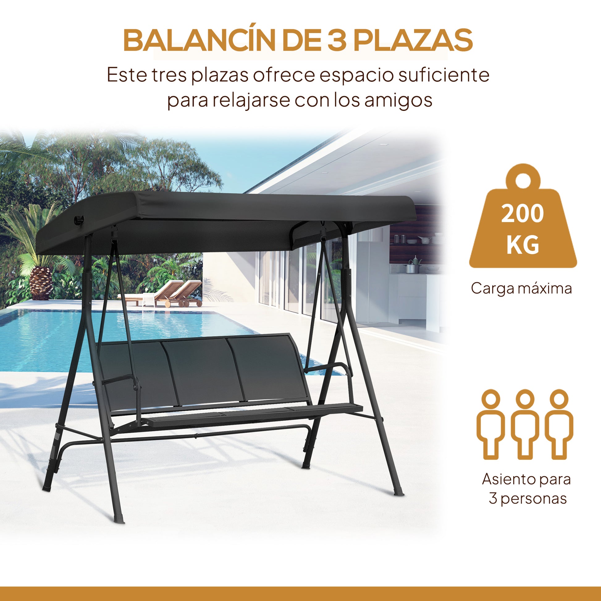 Outsunny Columpio De Jardín De 3 Plazas Techo Ajustable 175x118x159 Cm Negro_5