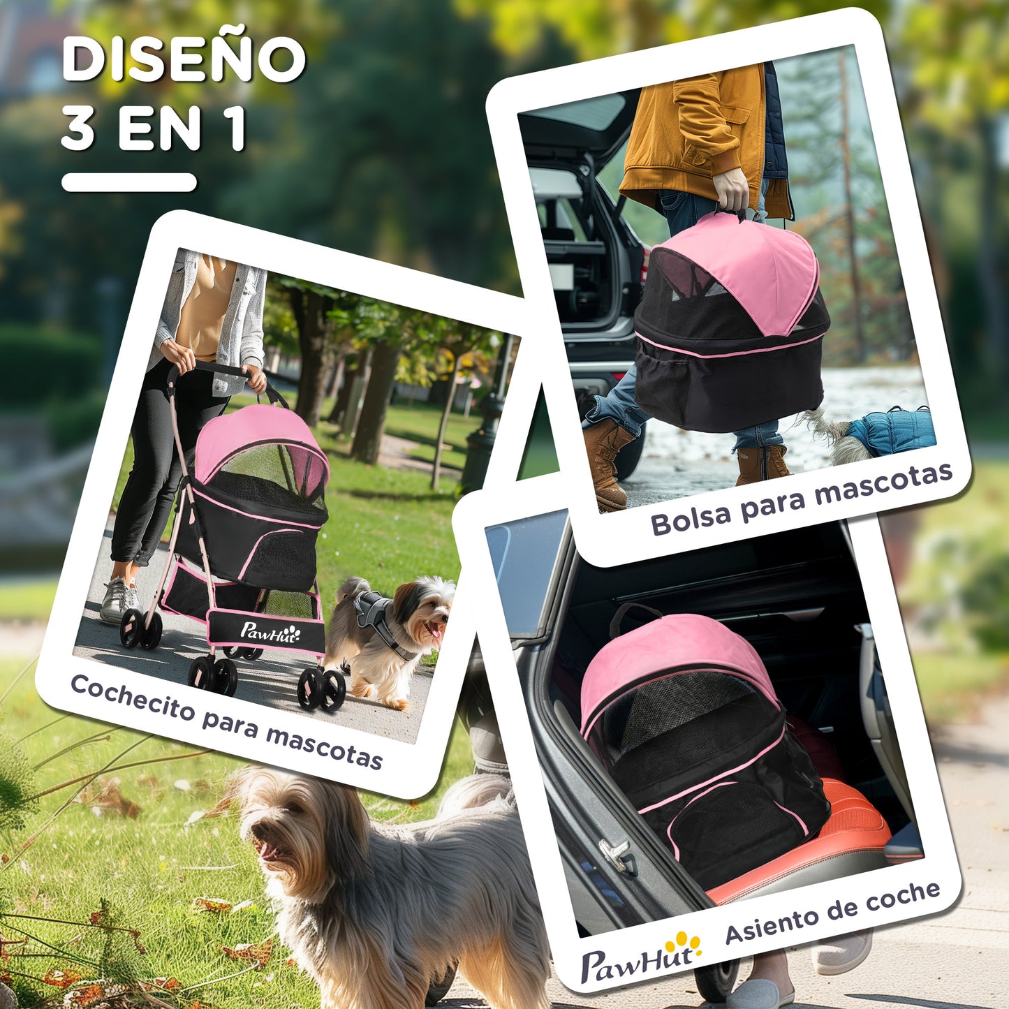 Pawhut Carrito Para Perros Plegable 3 En 1 Con Vagón Desmontable Rosa_4