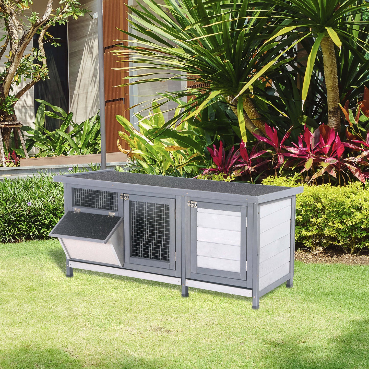 Pawhut Conejera De Madera Con Techo Abatible Y Puertas 112x50x54 Cm Gris_1