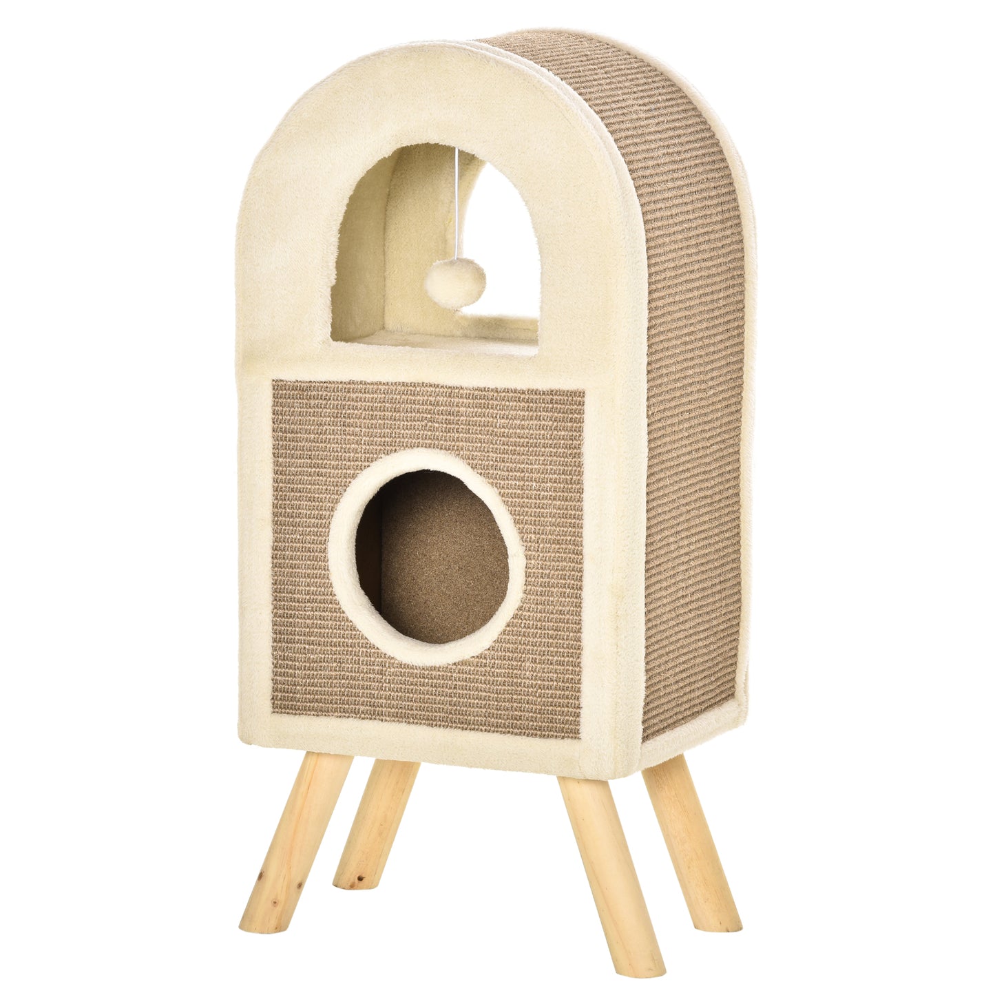 Pawhut Árbol Rascador Para Gatos De 2 Niveles Con Cueva Bola Juguete 40x34x91 Cm_0
