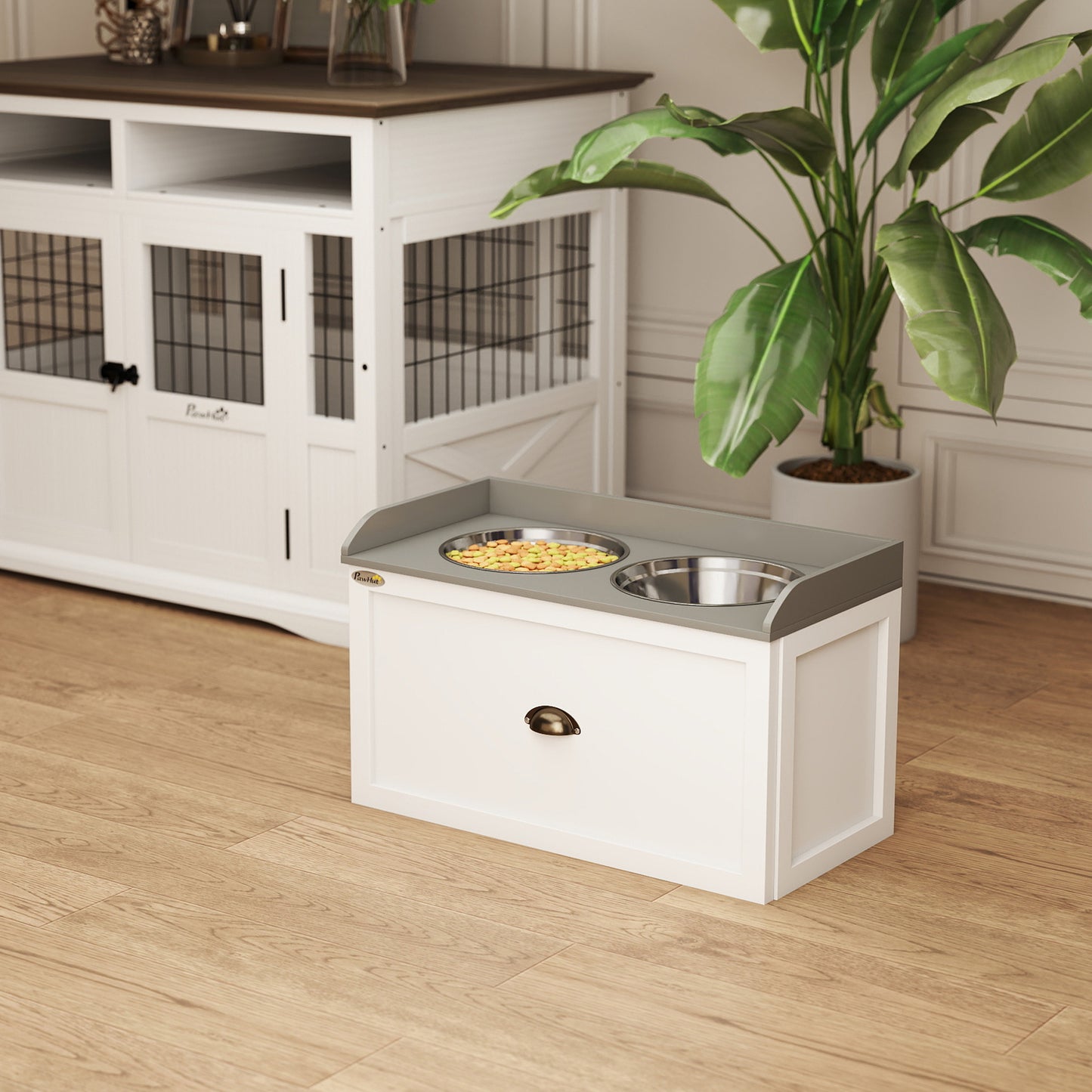 Pawhut Comedero Elevado Para Perros Grandes Con 2 Tazones 60x30x36 Cm Blanco_1
