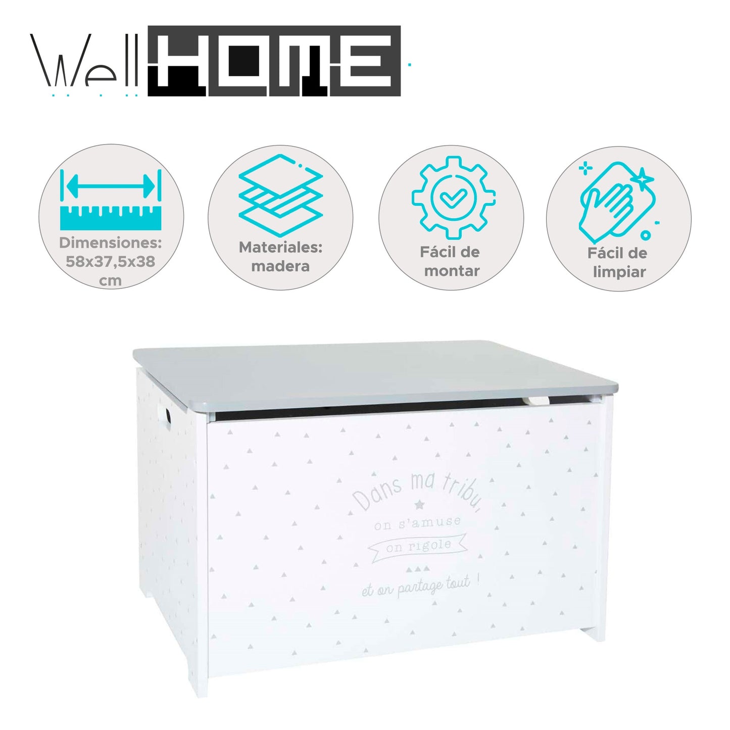 Well Home Baúl Infantil Para Juguetes En Color Blanco Y Gris 58 X 37,5 X 38cm