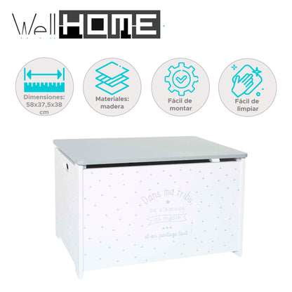 Well Home Baúl Infantil Para Juguetes En Color Blanco Y Gris 58 X 37,5 X 38cm