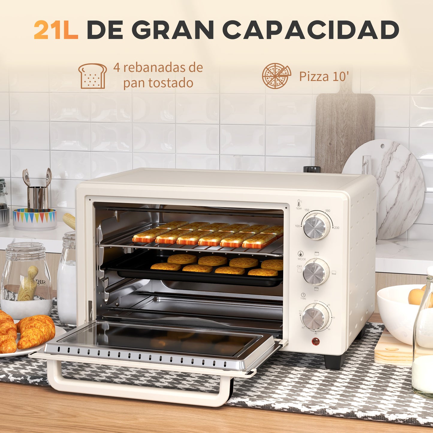 Homcom Horno Eléctrico De Sobremesa De 21l 1400w Con Temporizador Crema_3