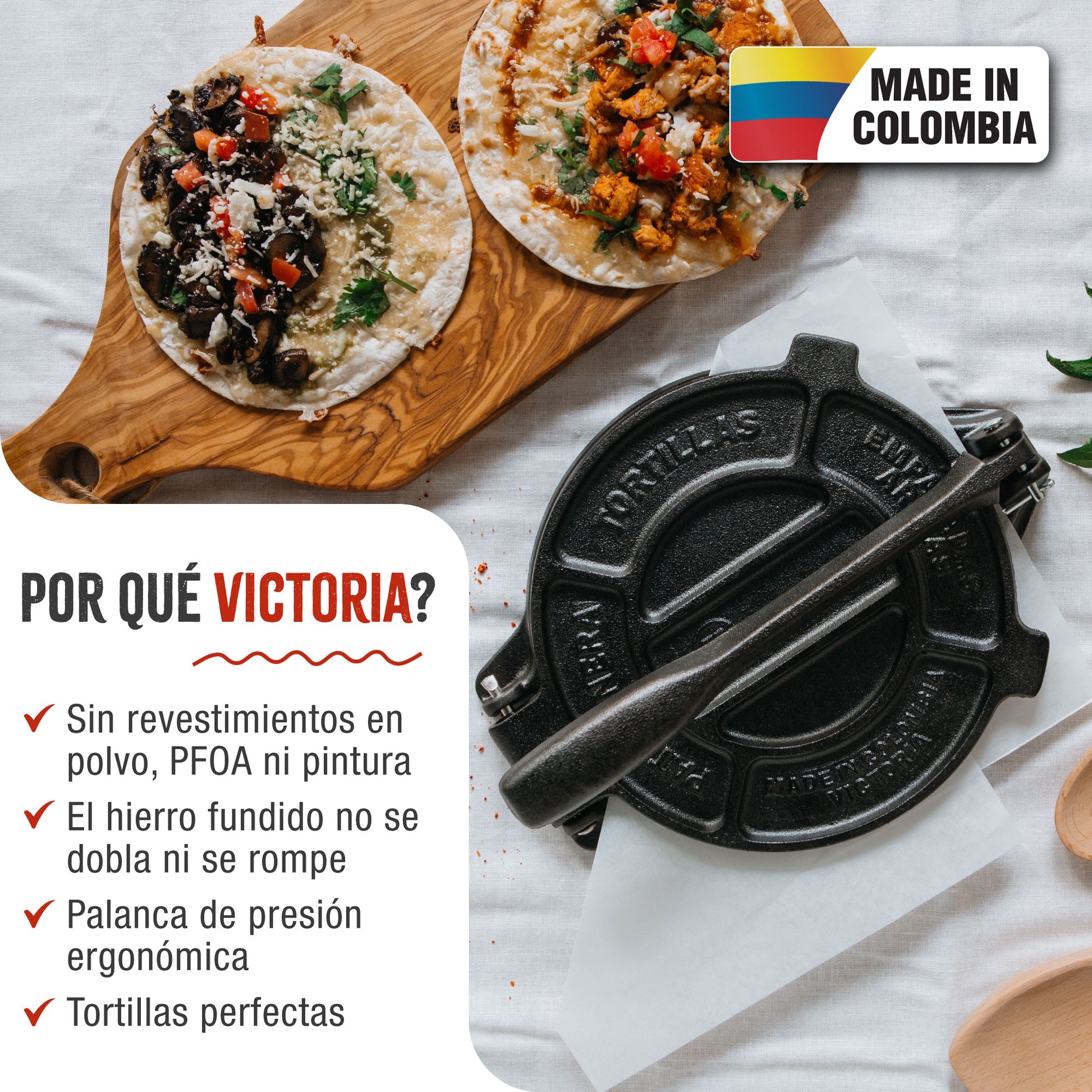 Victoria Prensa Tortillera Para Tortillas Mexicanas Hierro Fundido Curado 16,5cm, Pataconera Colombiana, 30551, Negro_1