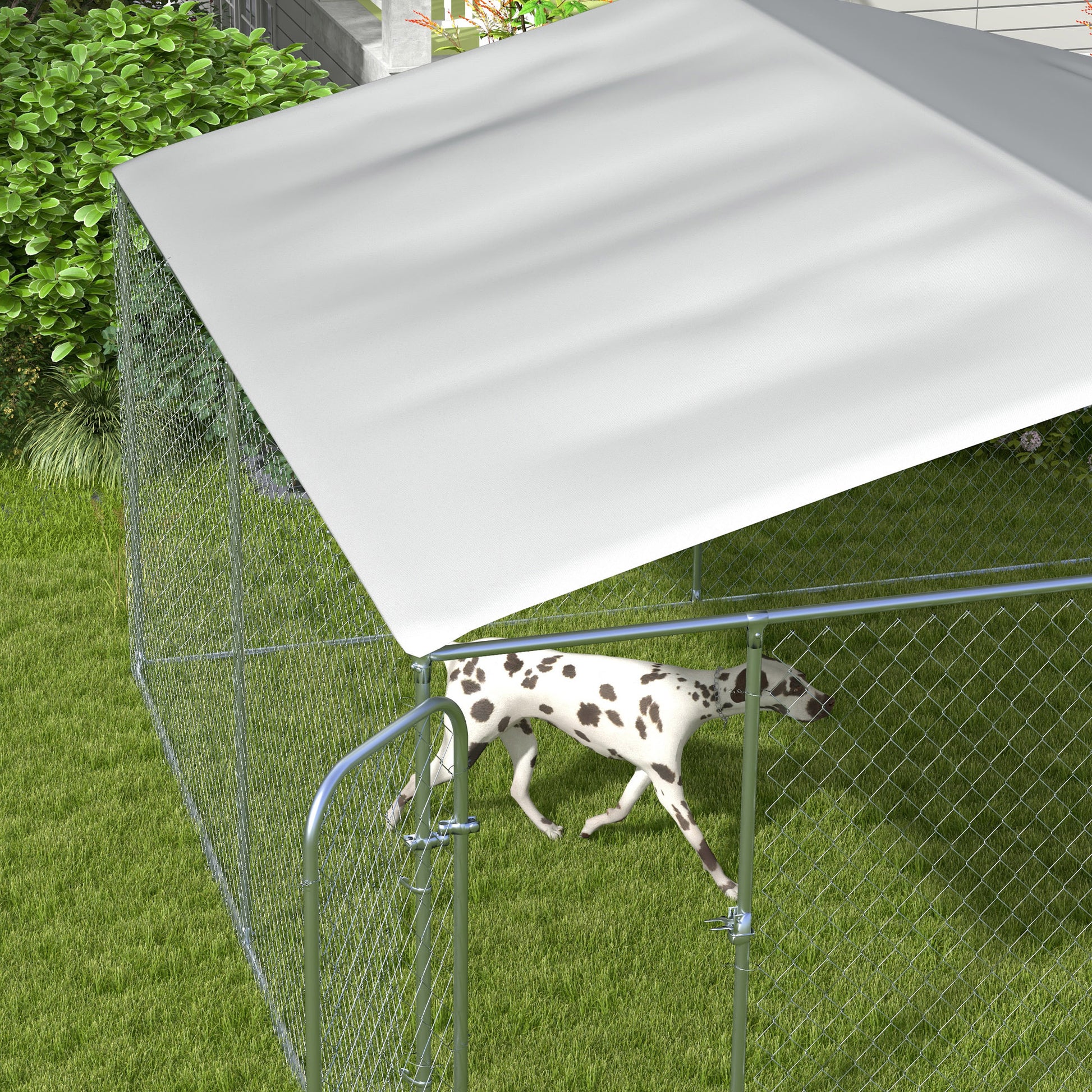 Pawhut Perrera Con Toldo Anti-uv Impermeable Con Puerta 4x4x2,3 M Plata_4
