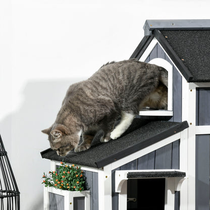 Pawhut Caseta Para Gatos De Madera De 2 Niveles Con Macetero 96x65x85,5 Cm Gris_4