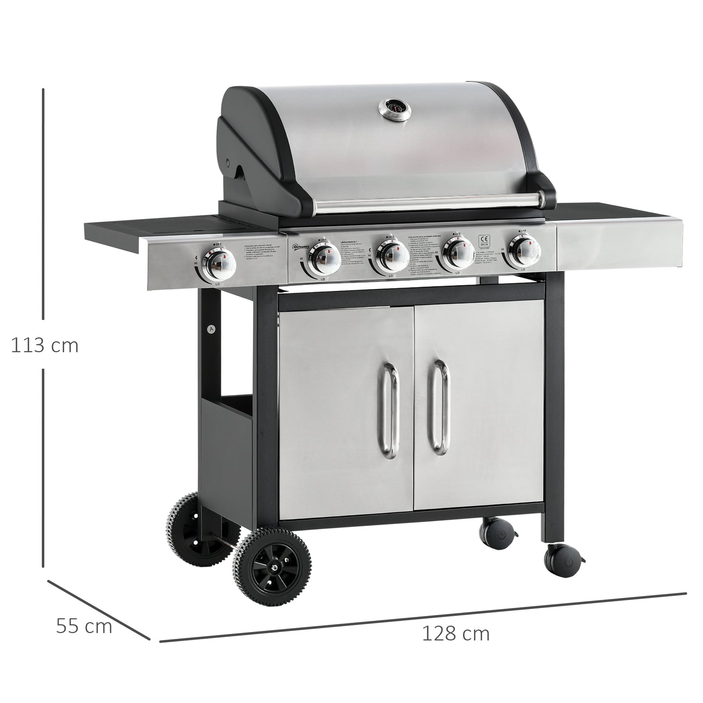 Outsunny Barbacoa De Gas Con Ruedas 5 Quemadores Armario Acero Inox. Bbq 3kw_2