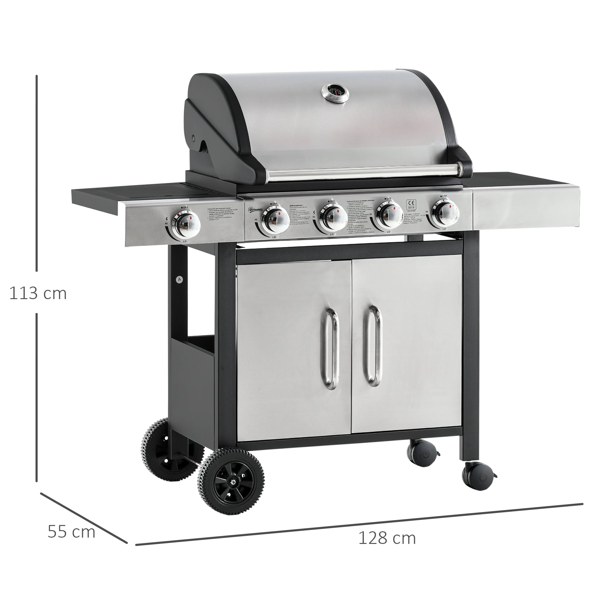Outsunny Barbacoa De Gas Con Ruedas 5 Quemadores Armario Acero Inox. Bbq 3kw_2