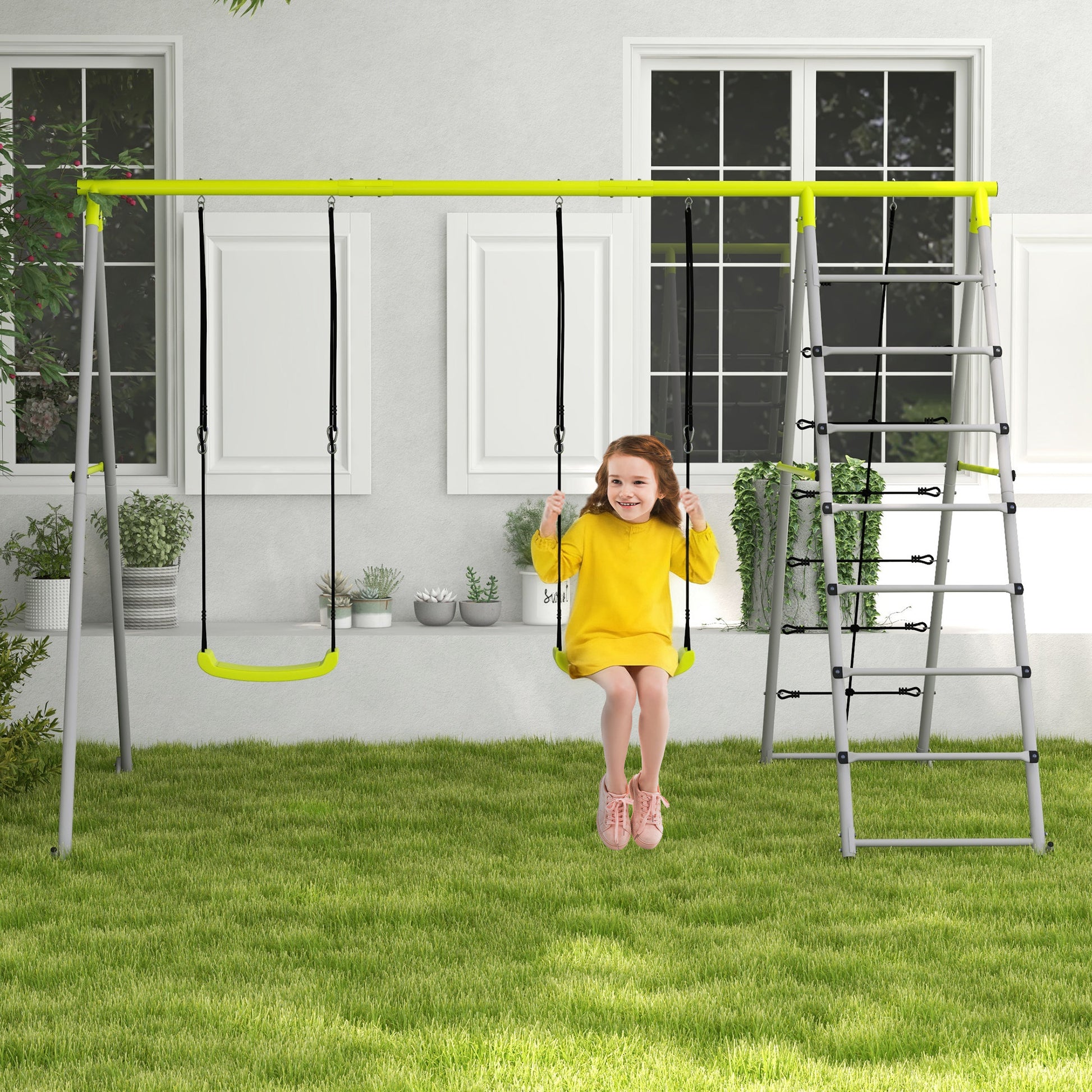Outsunny Columpio Para Niños 4 En 1 Ajustable 260x185x180 Cm Gris Y Verde_1