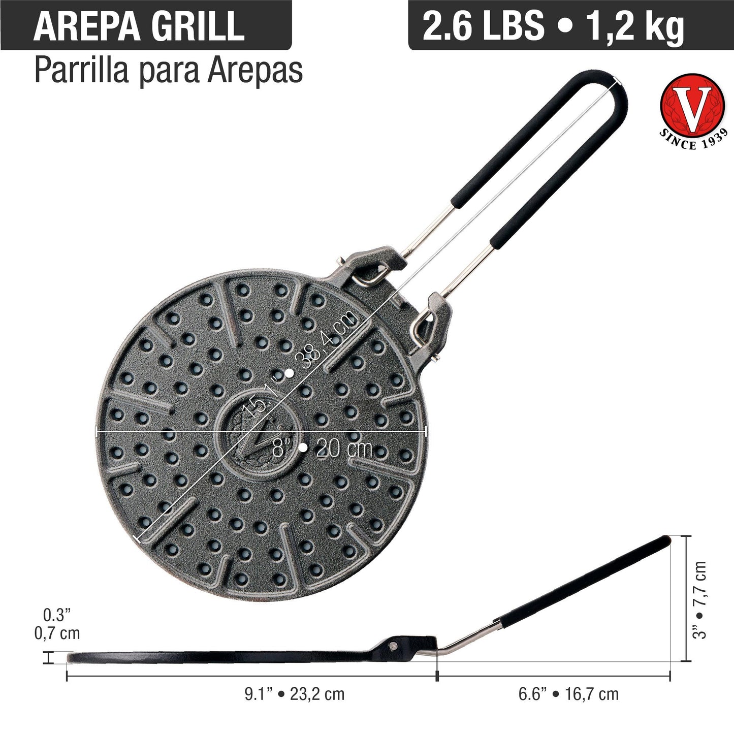 Victoria Parrilla Tostadora Arepas Hierro Fundido Esmaltado 20cm Libre De Pfoa Inducción, Gas, Barbacoa, 39.837, Negro_4