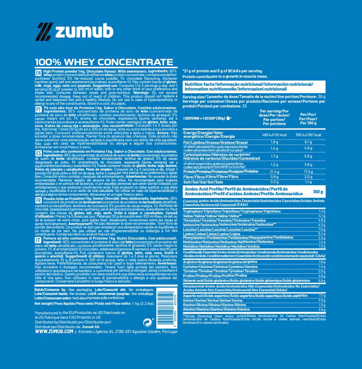 Zumub 100% Whey Concentrate 1kg Chocolate