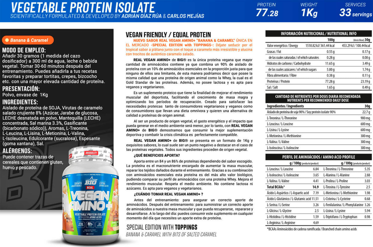 Real Vegan Amino+ - 1kg - Plátano Y Trozos De Caramelo Salado - Proteína Vegetal - Big_5
