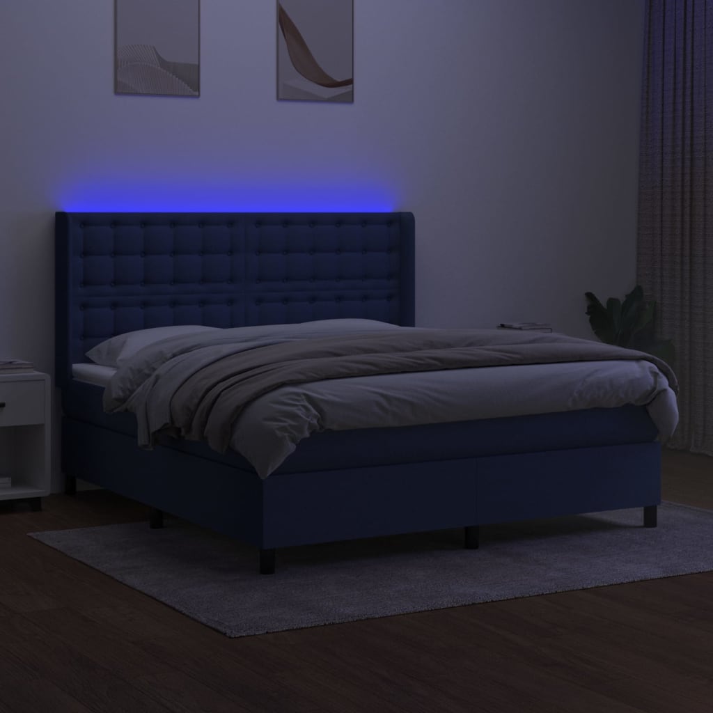 Cama Box Spring Colchón Y Luces Led Tela Azul 160x200 Cm / Vetonek_2