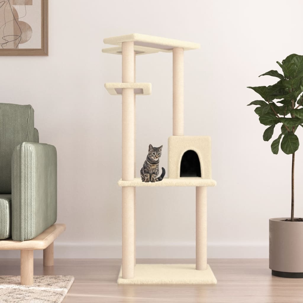 Rascador Para Gatos Con Postes De Sisal Color Crema 123 Cm_1