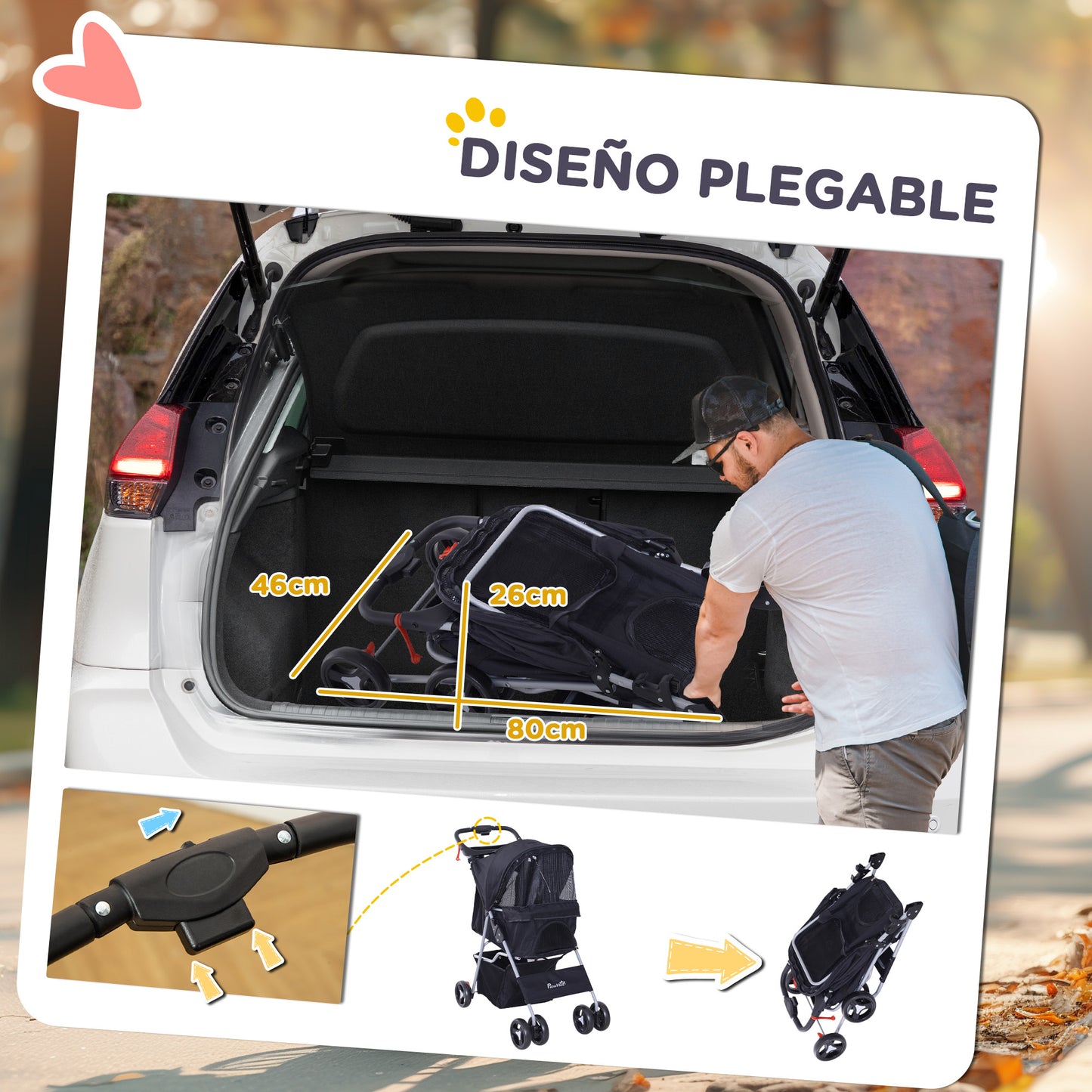 Pawhut Cochecito Para Mascotas Plegable Con Toldo Ajustable 77x45x99,5 Cm Negro_4