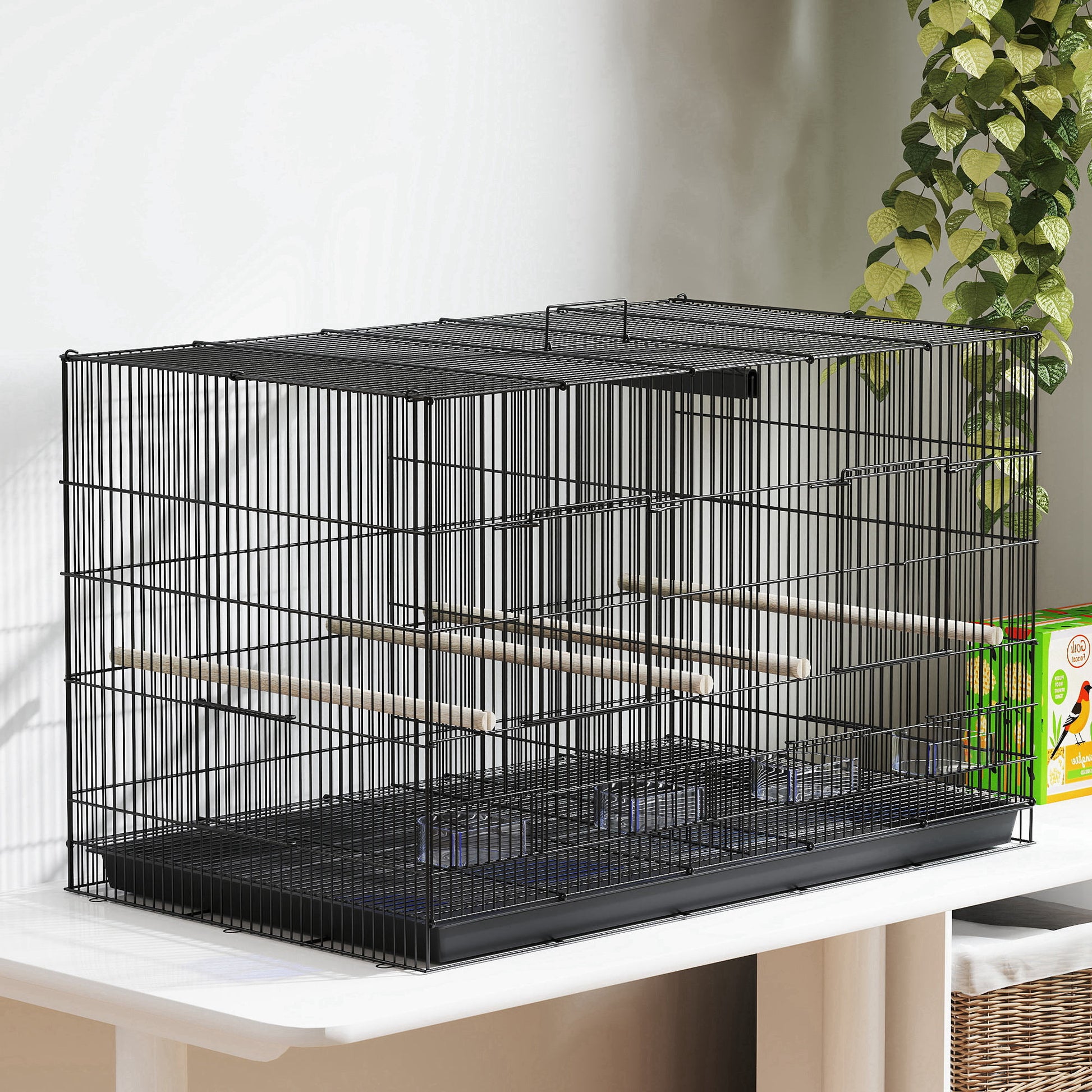 Pawhut Jaula Para Pájaros Con Divisor 4 Comederos 4 Perchas 94x57x57 Cm Negro_3