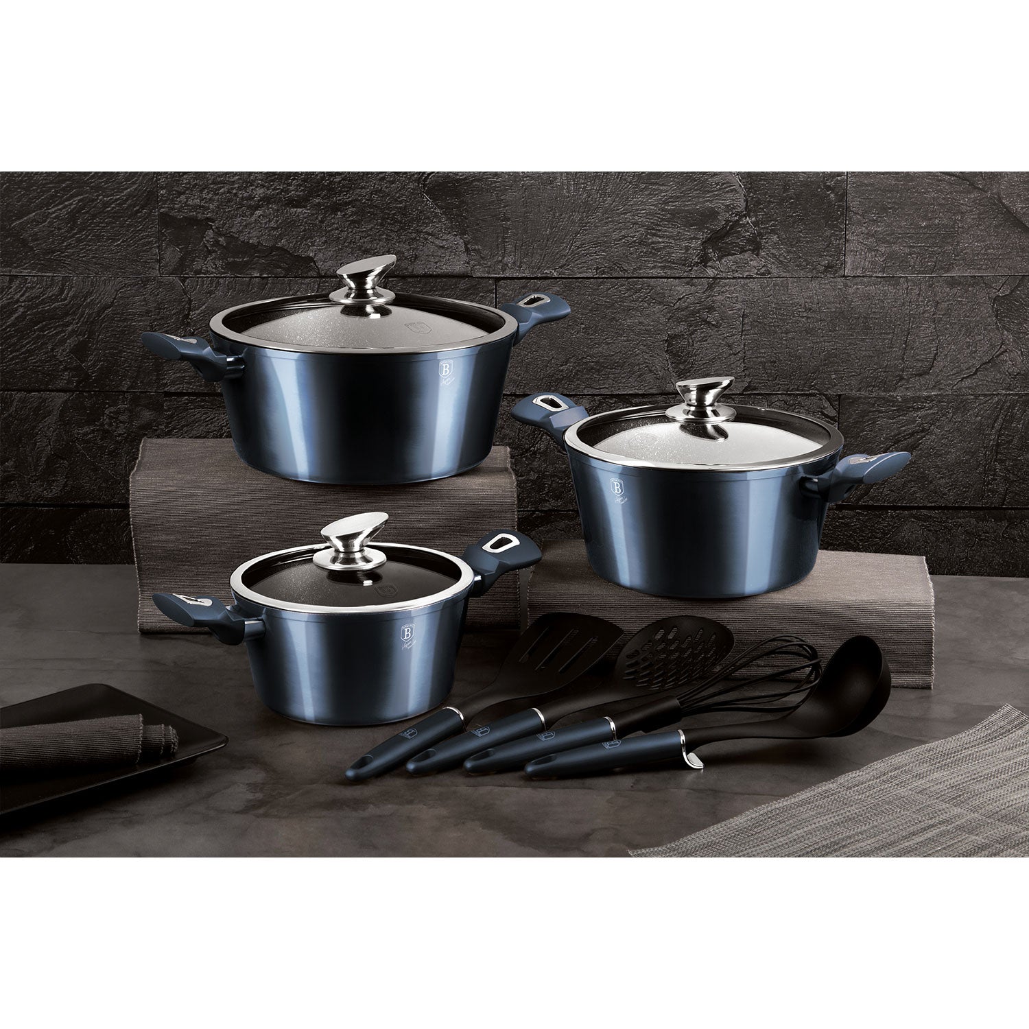 Batería Cocina Inducción 10 Piezas, Antiadherente Mármol Sin Pfoa, Aluminio, 3 Cazuelas Tapas Berlinger Haus Aquamarine Azul Marino_1