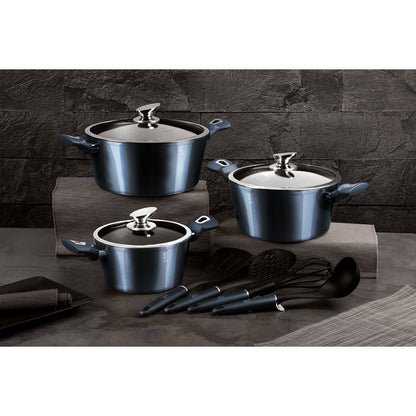Batería Cocina Inducción 10 Piezas, Antiadherente Mármol Sin Pfoa, Aluminio, 3 Cazuelas Tapas Berlinger Haus Aquamarine Azul Marino_1