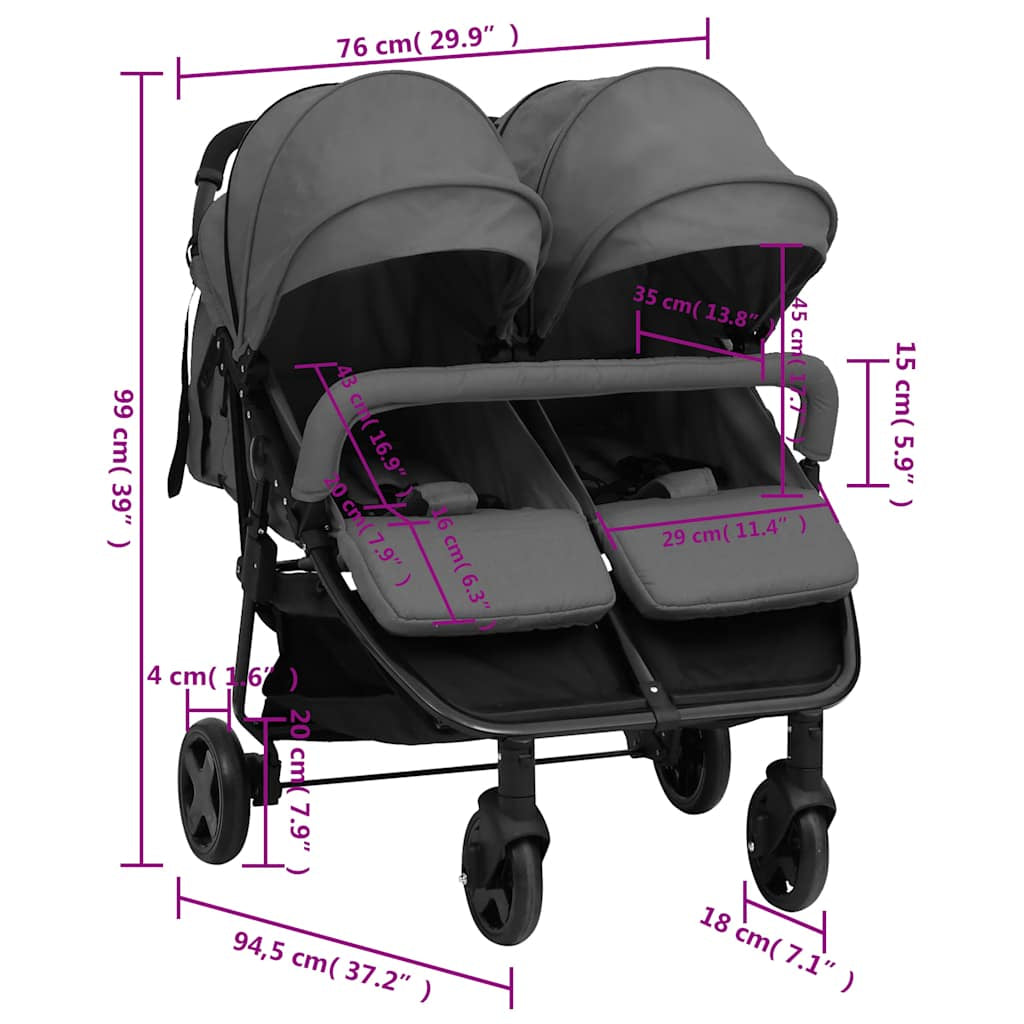Vidaxl Carrito Para Gemelos De Acero Gris Oscuro Y Negro_2