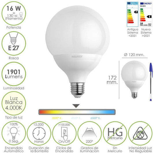 Bombilla Led Globo Rosca E27. 16 Watt. Equivale A 130 Watt. 1901 Lumenes. Luz Blanca (4000º K.)