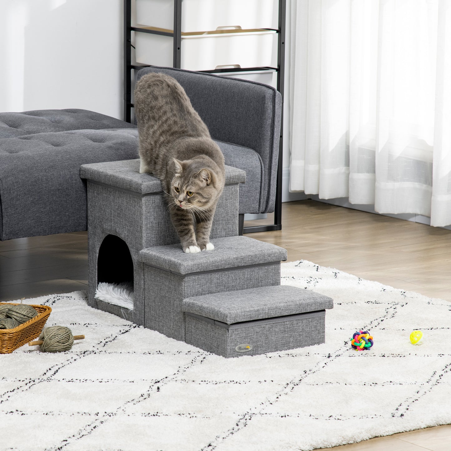 Pawhut Escalera Para Perros 3 Peldaños Tapas 3 Cajas Almacenaje 73,5x33x40,5 Cm_1