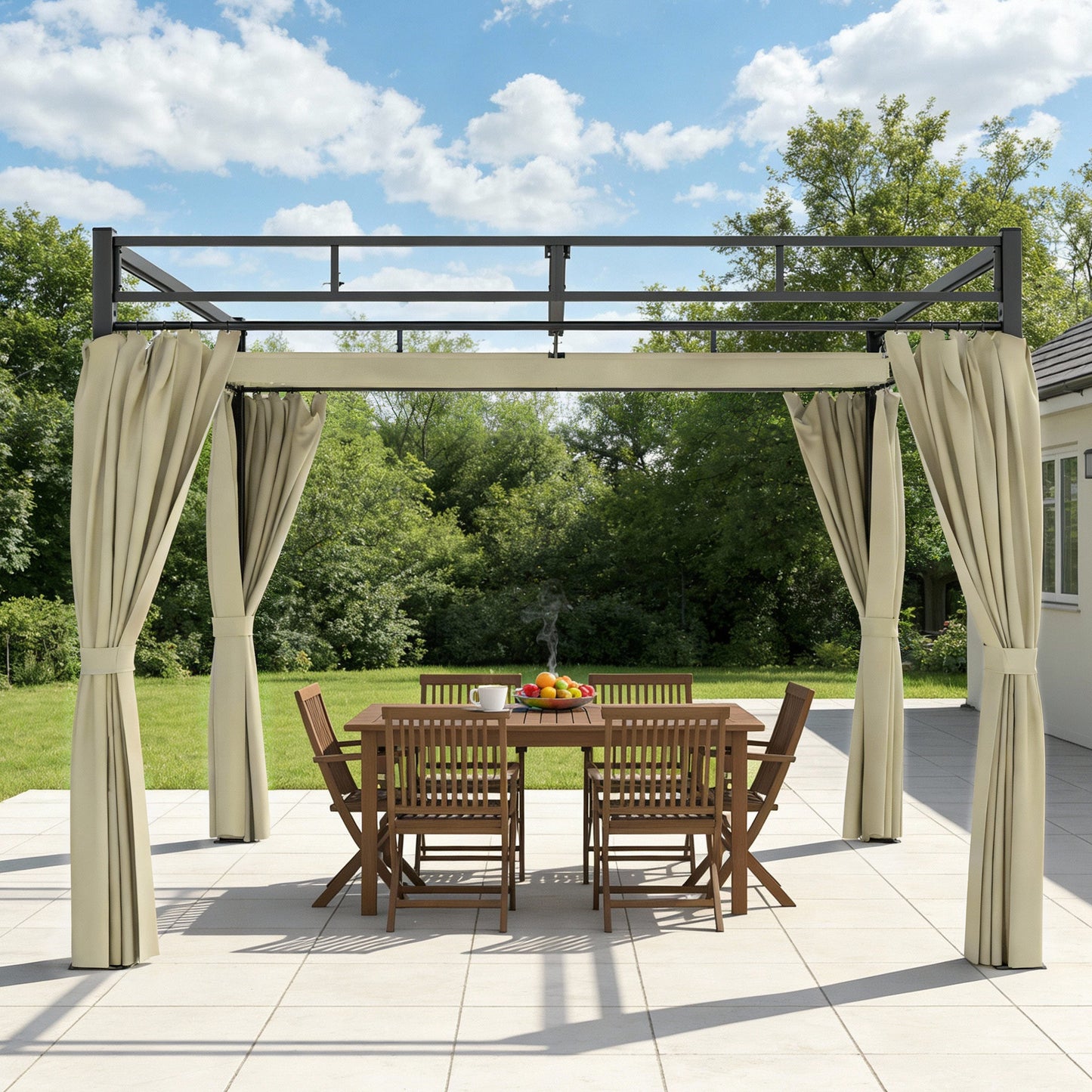 Outsunny Pérgola De Jardín 3x3 M Con Techo Retráctil Y Cortinas Anti-uv Beige_1