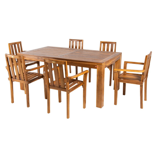 Conjunto De Jardín De Madera Teca, Mesa De 180 Cm De Largo Y 6 Sillones Apilables, Madera Teca Grado A, Tratamiento Al Agua Aplicado_0