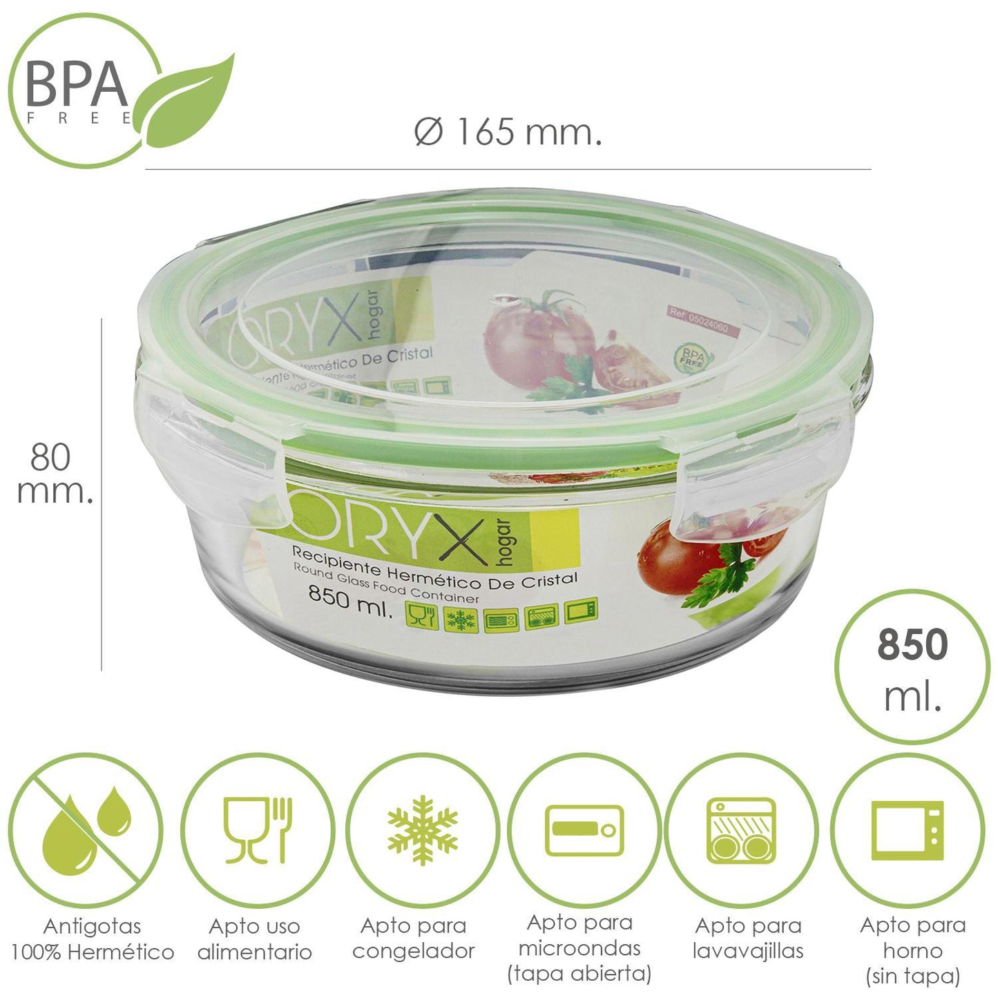 Recipiente Hermetico Cristal Redondo 850 Ml. Ø 165 X 8 (alt) Cm.