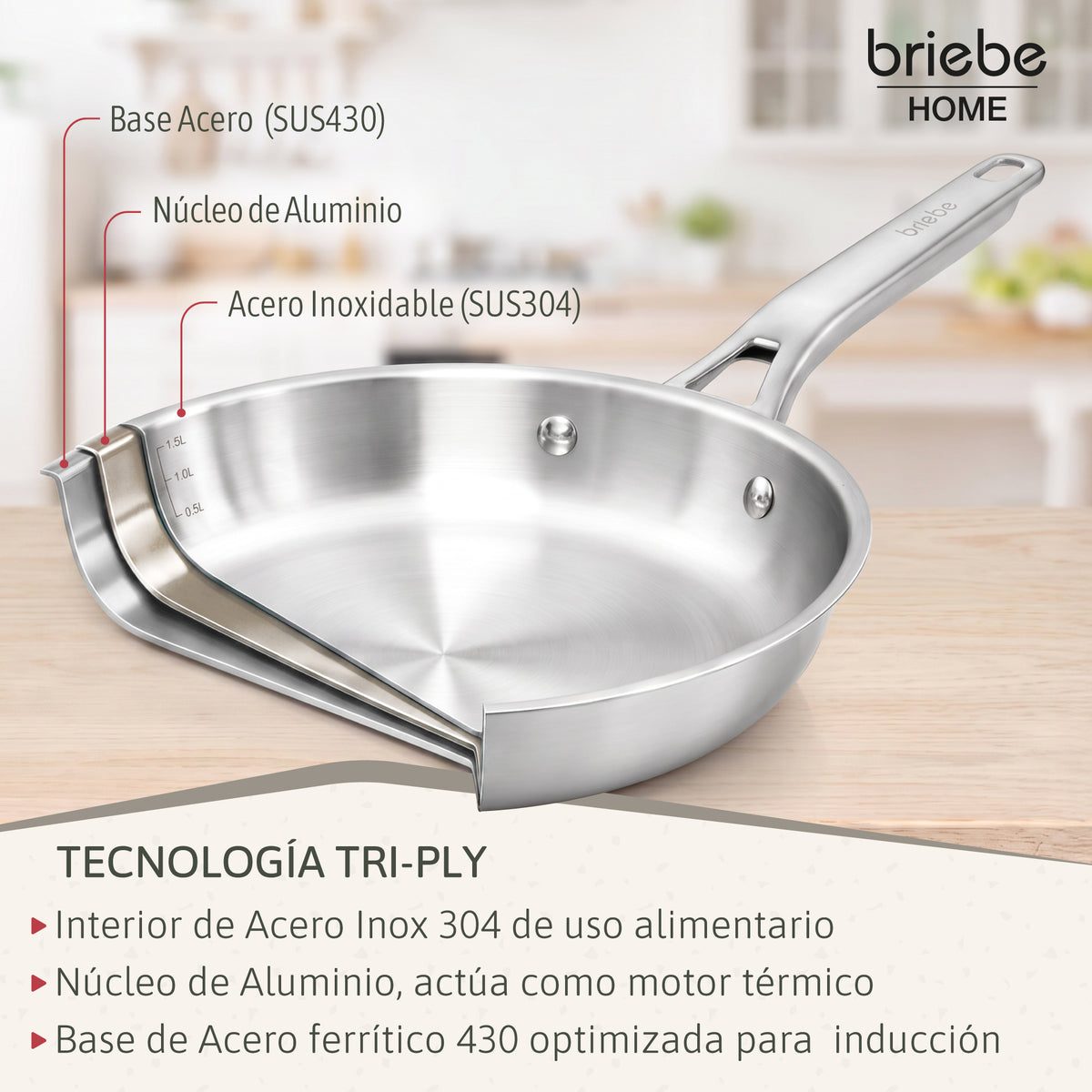Briebe Pure Inox Juego De 3 Sartenes Acero Inoxidable Inducción 20-24-28 Cm, 3 Capas Tri-ply, Sin Antiadherente_4