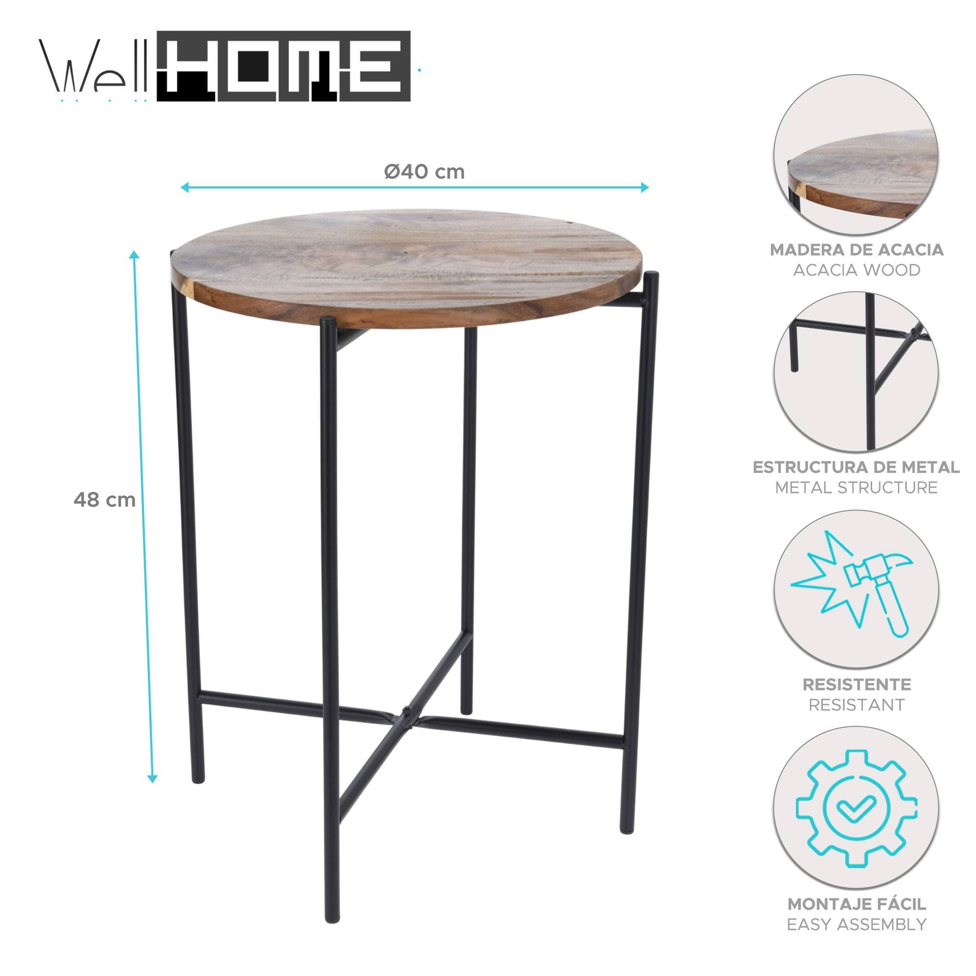 Well Home Mesa Auxiliar De Madera De Acacia De 40x48cm Con Estructura Metálica_1