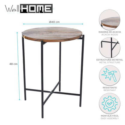 Well Home Mesa Auxiliar De Madera De Acacia De 40x48cm Con Estructura Metálica_1