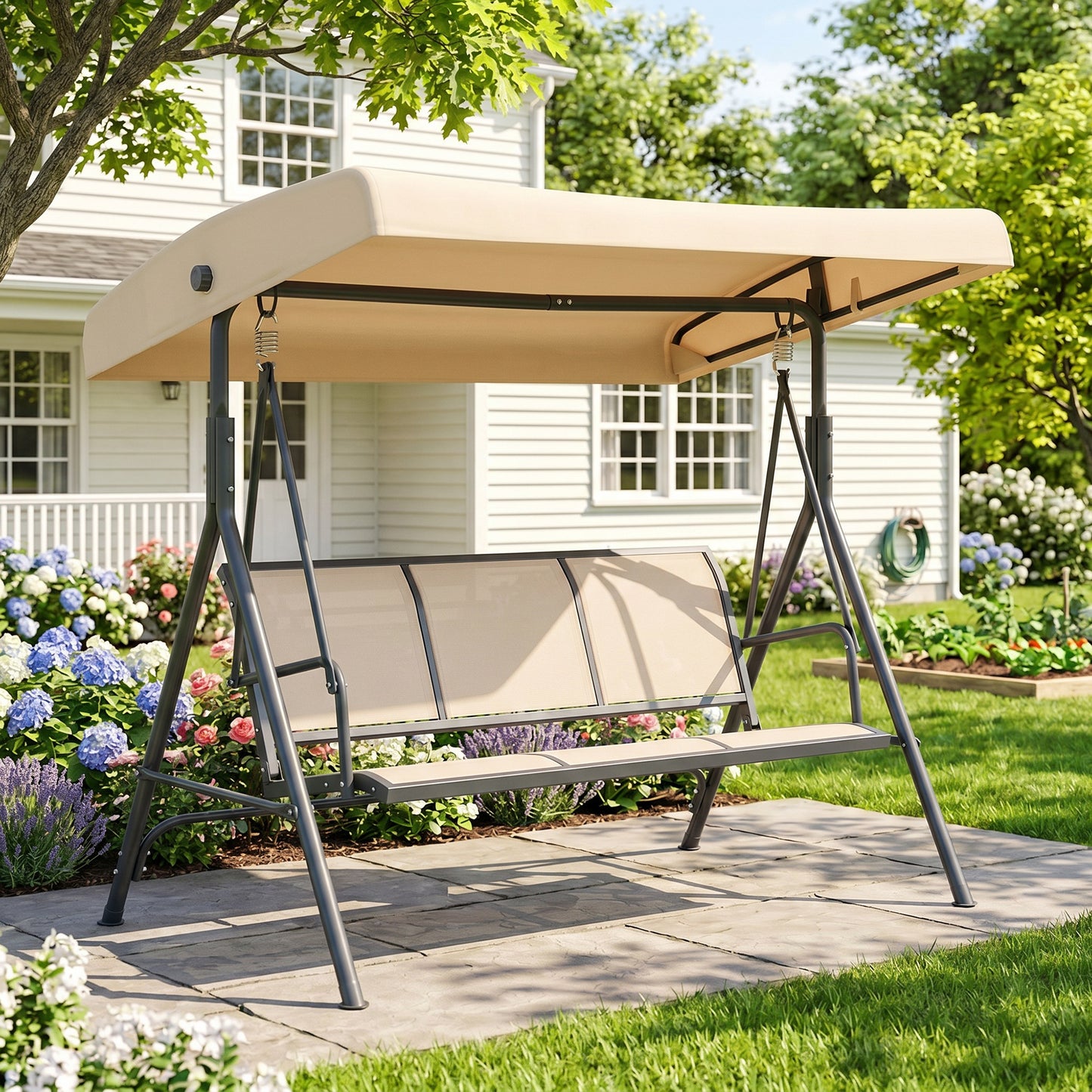 Outsunny Columpio De Jardín De 3 Plazas Techo Ajustable 175x118x159 Cm Beige_3