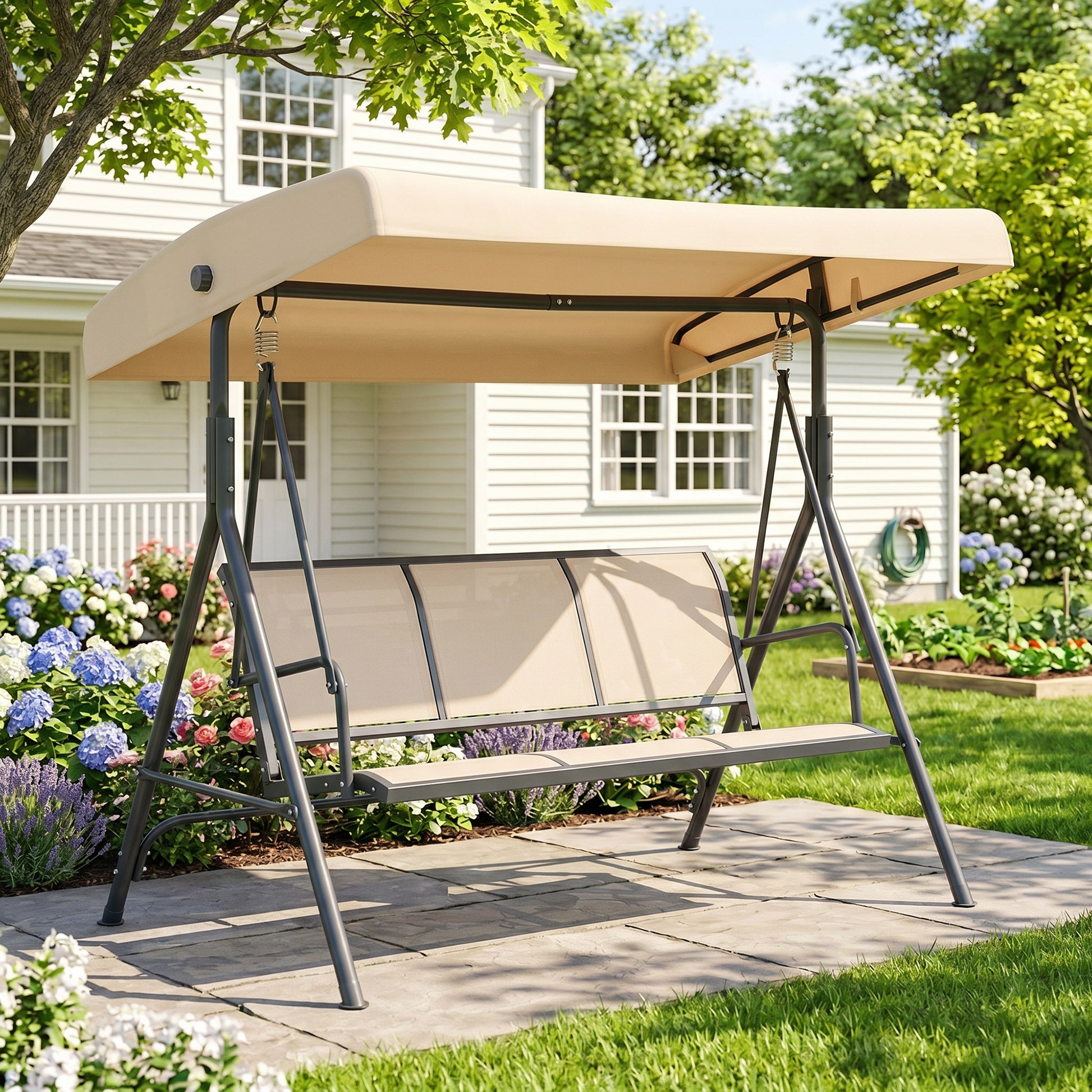 Outsunny Columpio De Jardín De 3 Plazas Techo Ajustable 175x118x159 Cm Beige_3